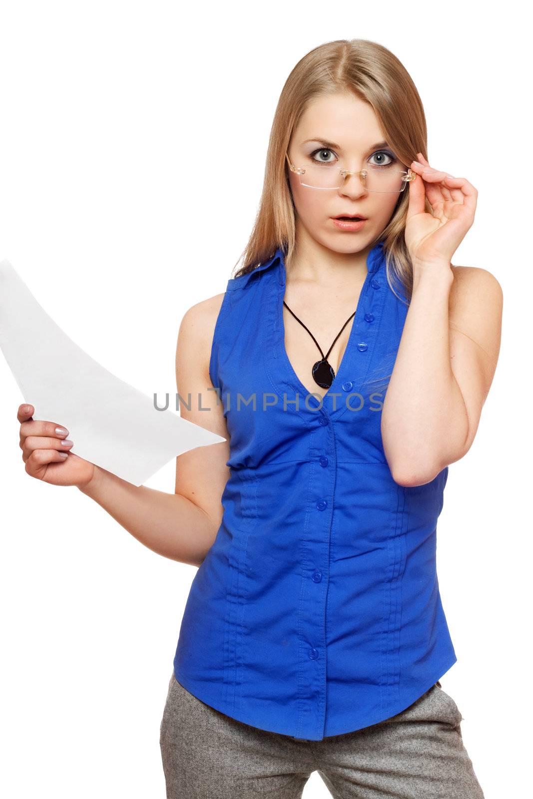 Shocked young business woman in glasses with a paper document