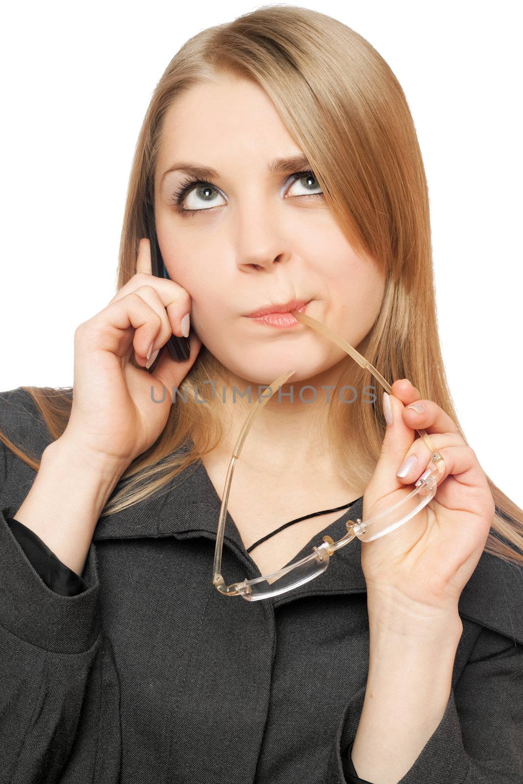 Close-up portrait of thoughtful pretty blonde with phone