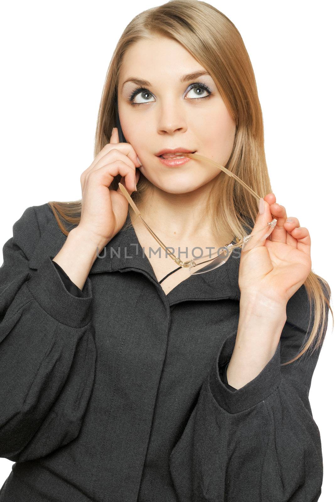 Close-up portrait of playful blonde with phone