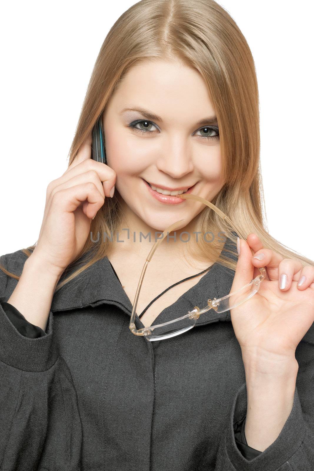 Close-up portrait of cheerful young blonde with phone