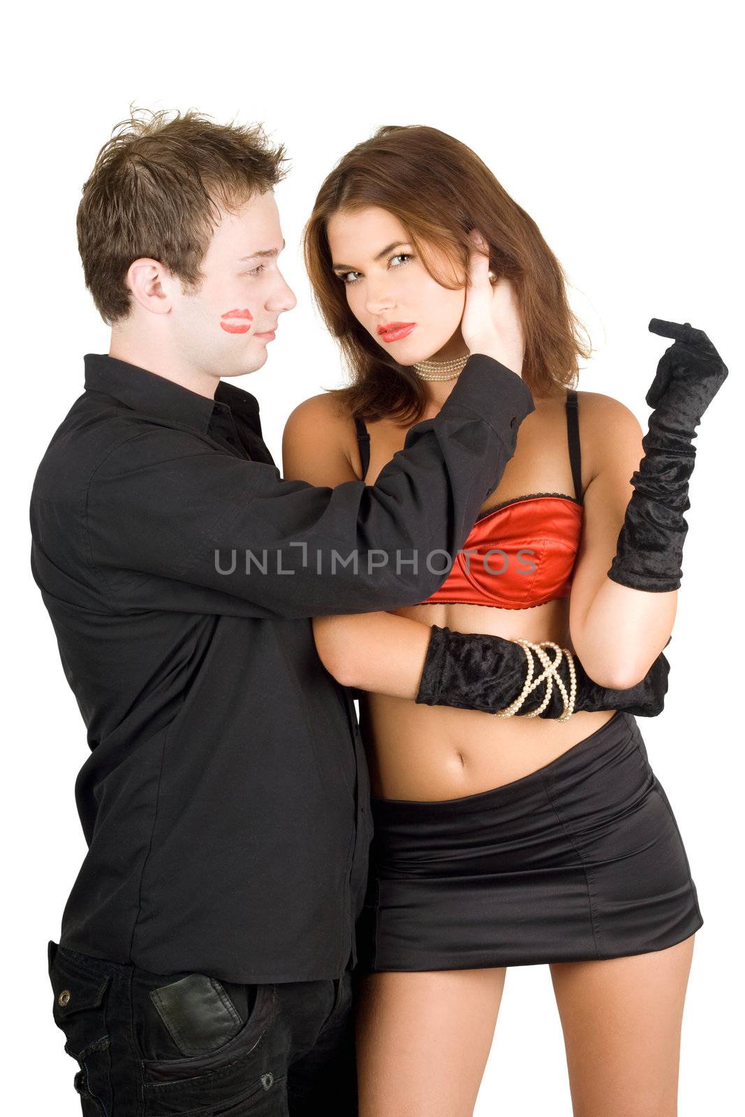 Portrait of handsome man touching pretty woman. Isolated
