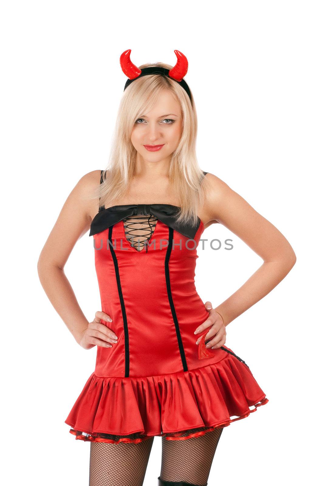 Nice blonde is wearing a sexy devil costume