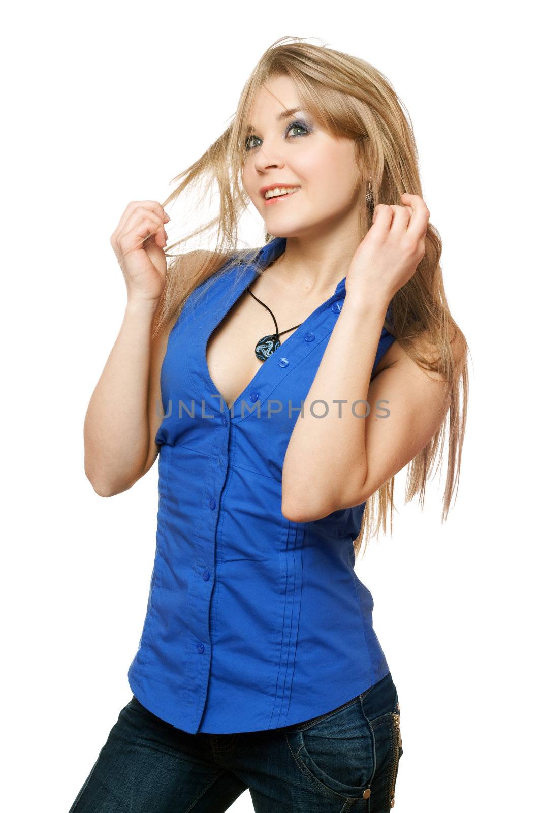 Portrait of playful young blonde in blue blouse