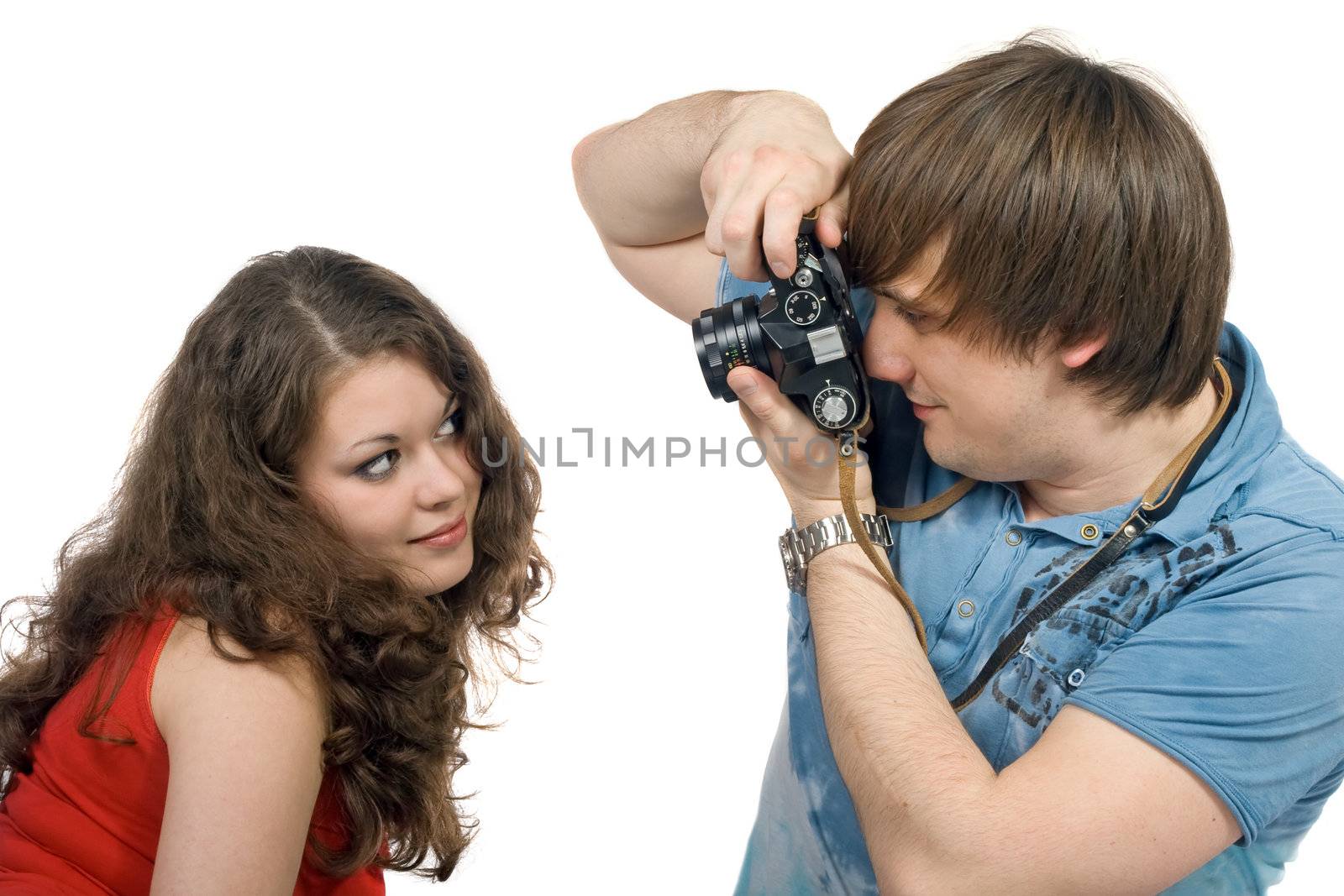 Photographer taking pictures of the young woman. isolated by acidgrey