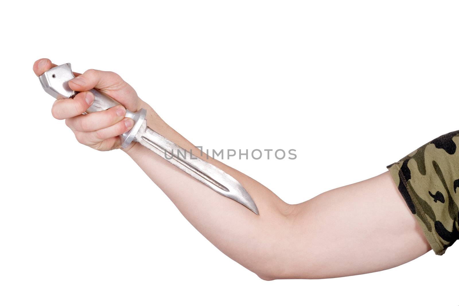 Knife in a man's hand. Isolated on white
