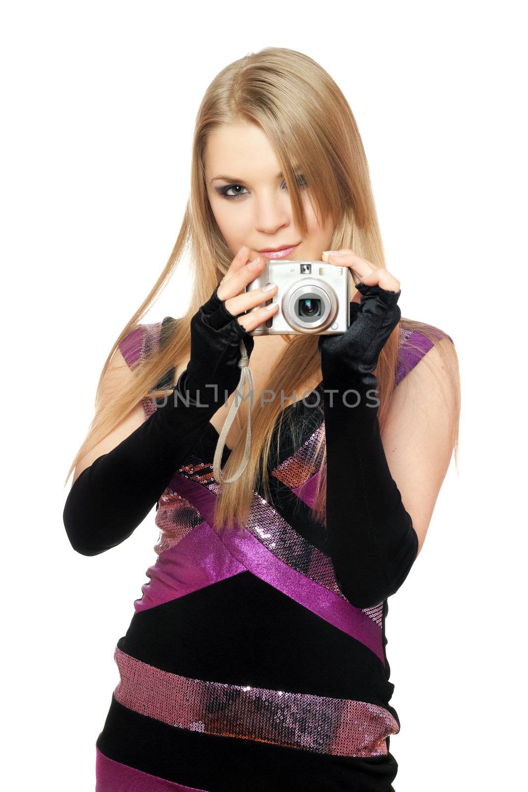 Young pretty blonde holding a photo camera. Isolated by acidgrey