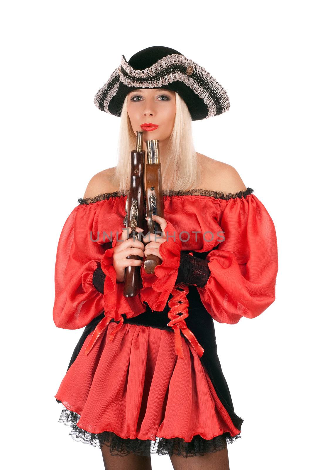 Hot young blonde with guns dressed as pirates