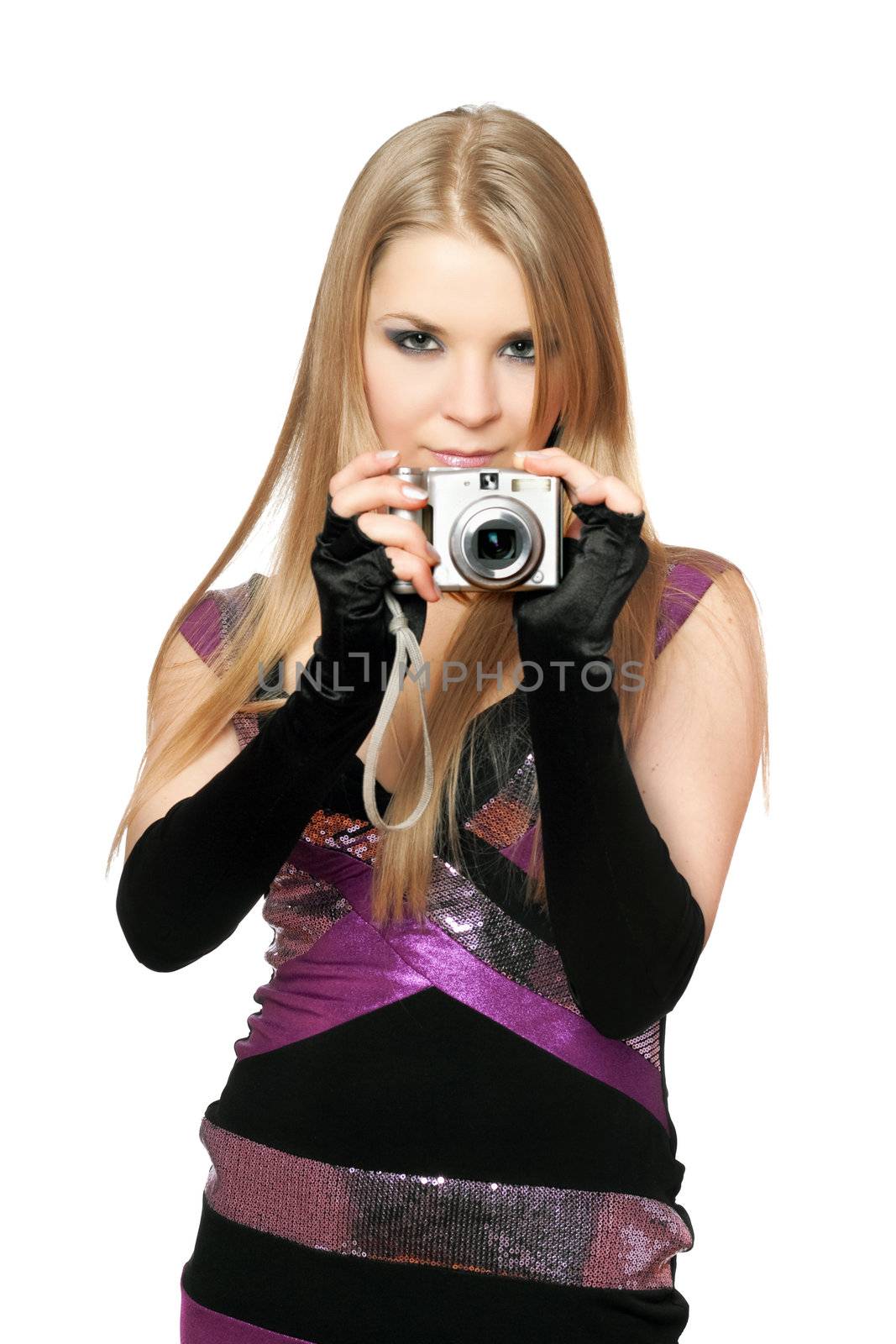 Young beautiful blonde holding a photo camera. Isolated by acidgrey