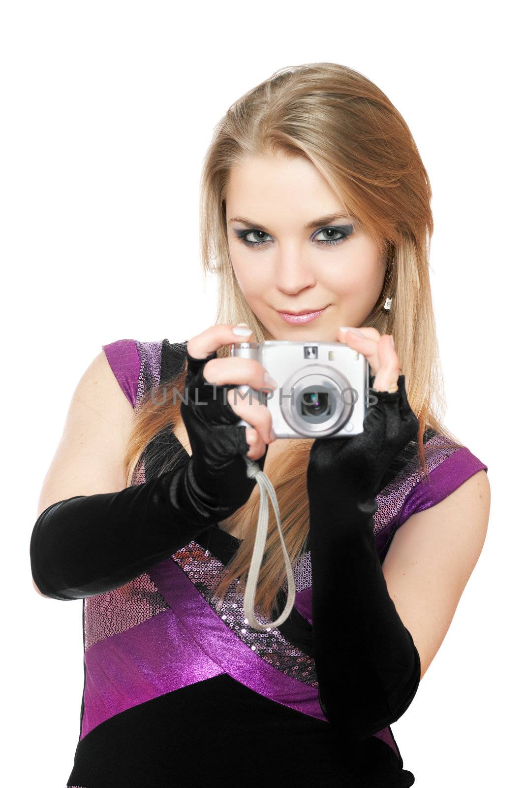 Attractive blonde holding a photo camera. Isolated on white