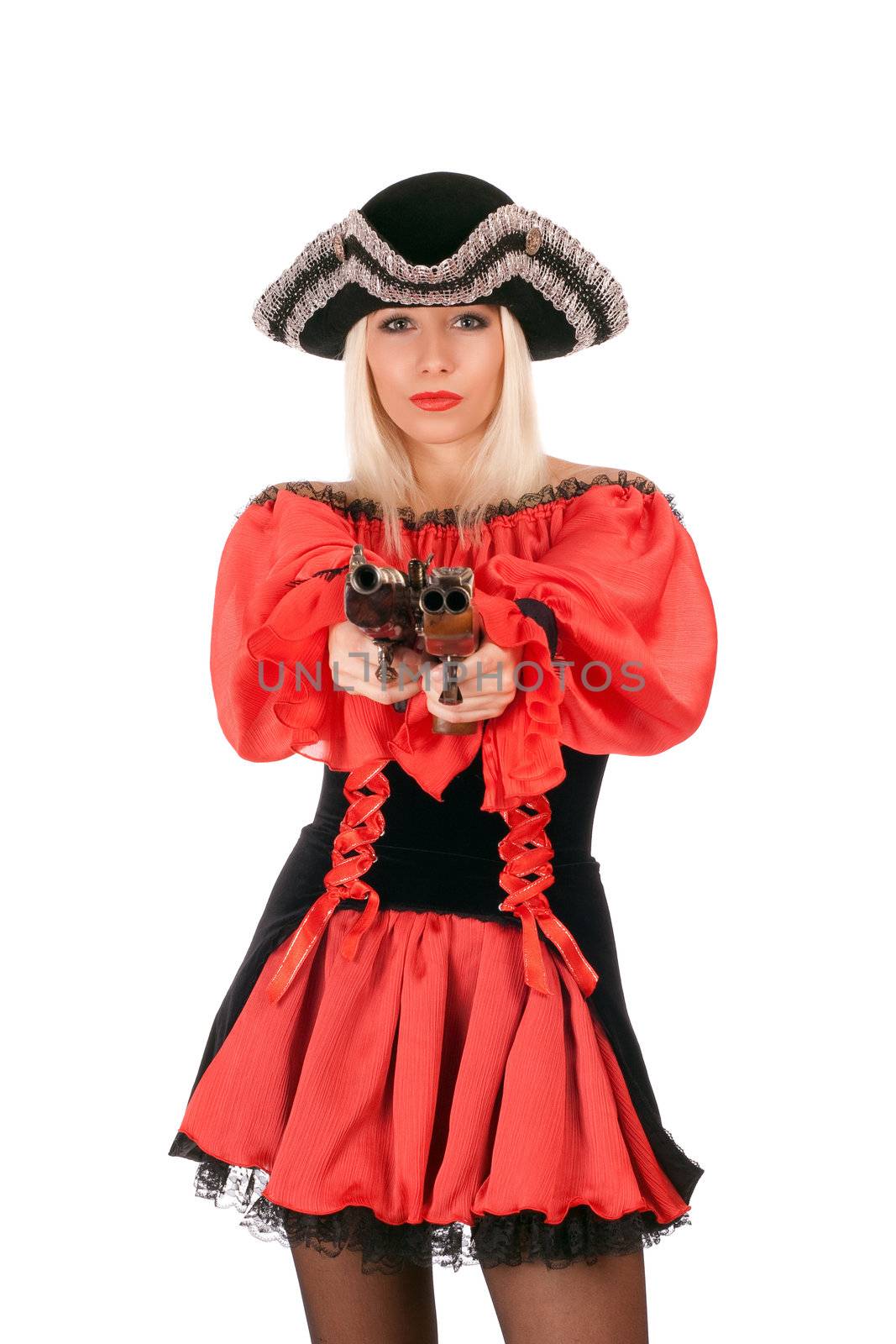 Attractive young blonde with guns dressed as pirates