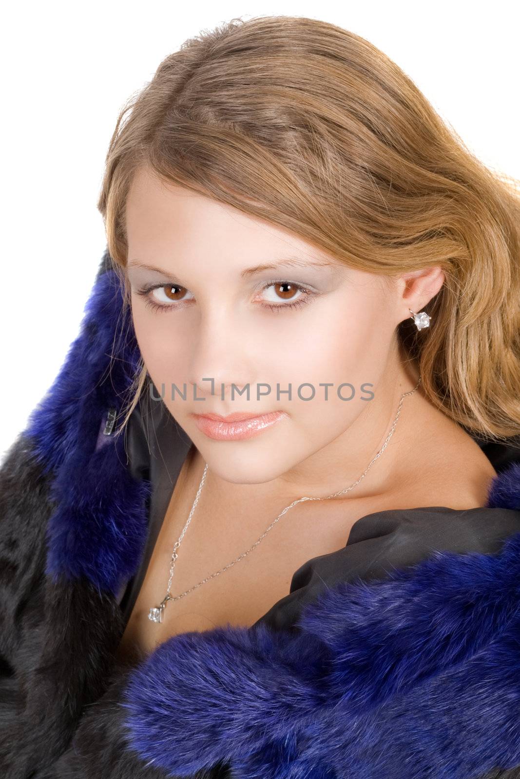 Portrait of the beauty young woman in a fur coat