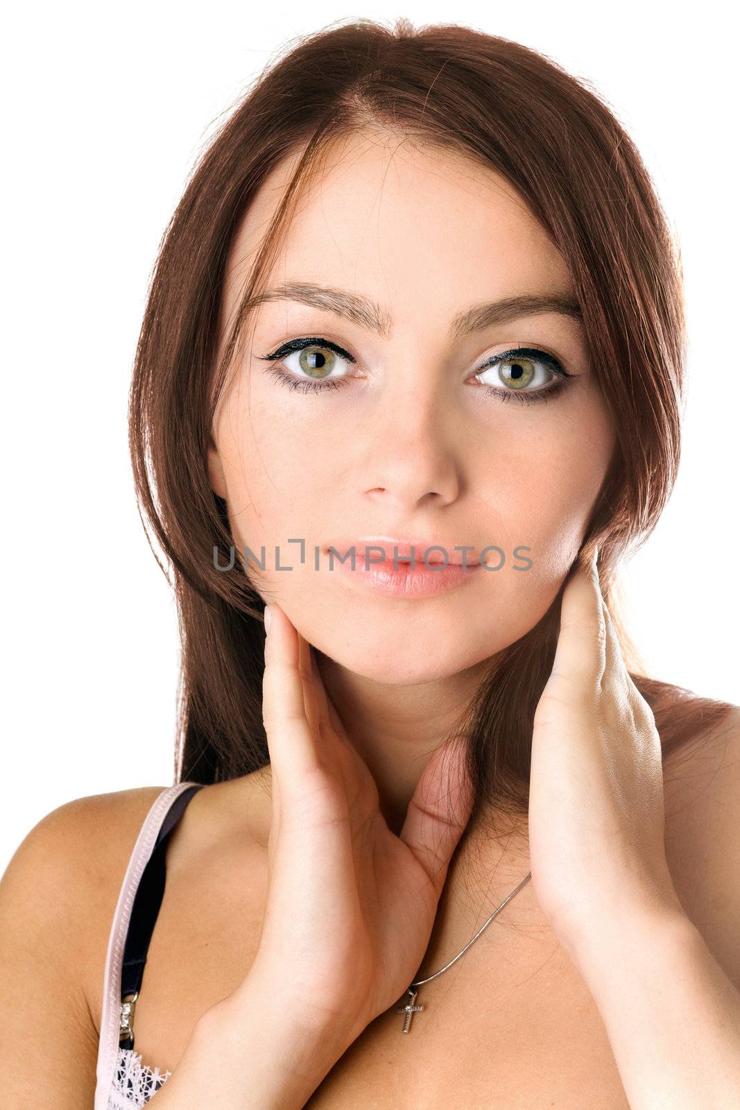 Closeup portrait of a pretty young woman. Isolated