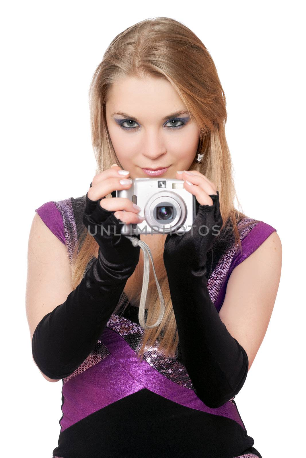 Young attractive blonde holding a photo camera. Isolated by acidgrey