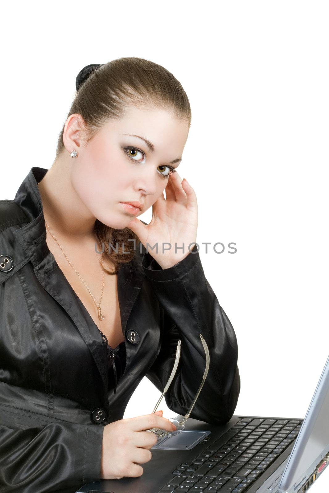 Young businesswoman with laptop. Isolated on a white by acidgrey