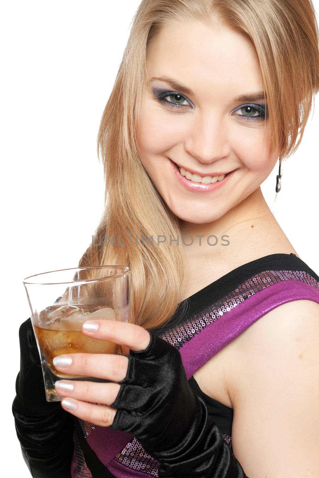 Smiling young blonde with a glass of whiskey