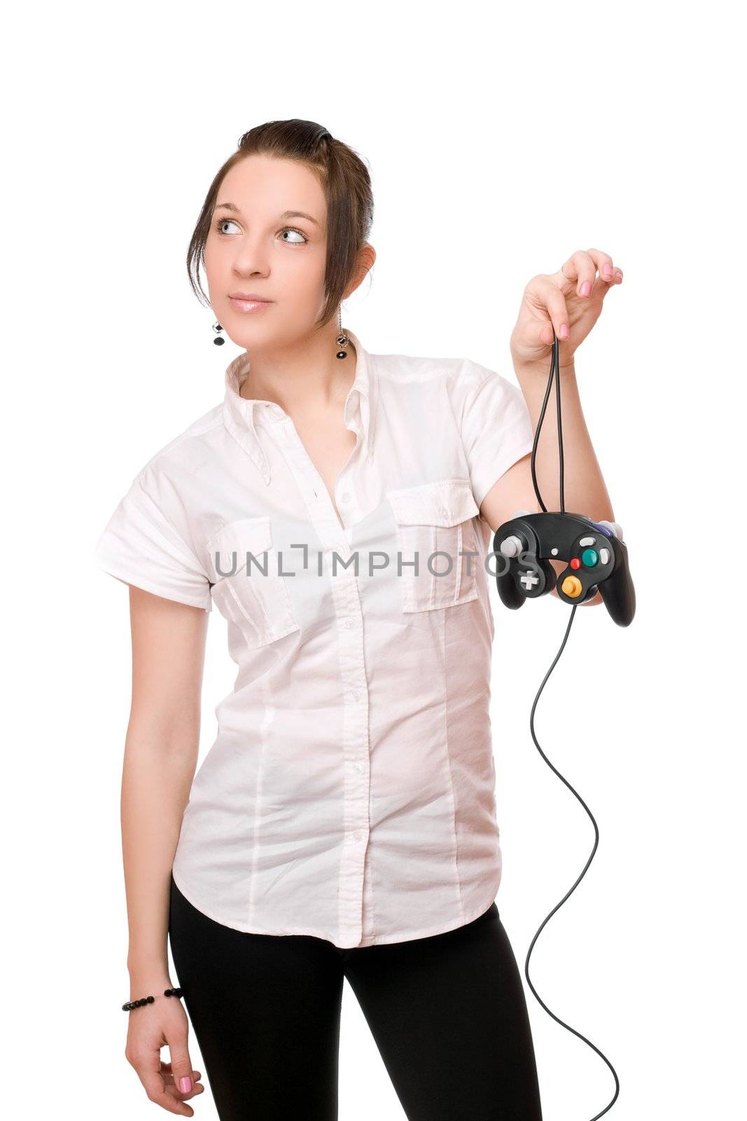 Beautiful young brunette girl with a joystick