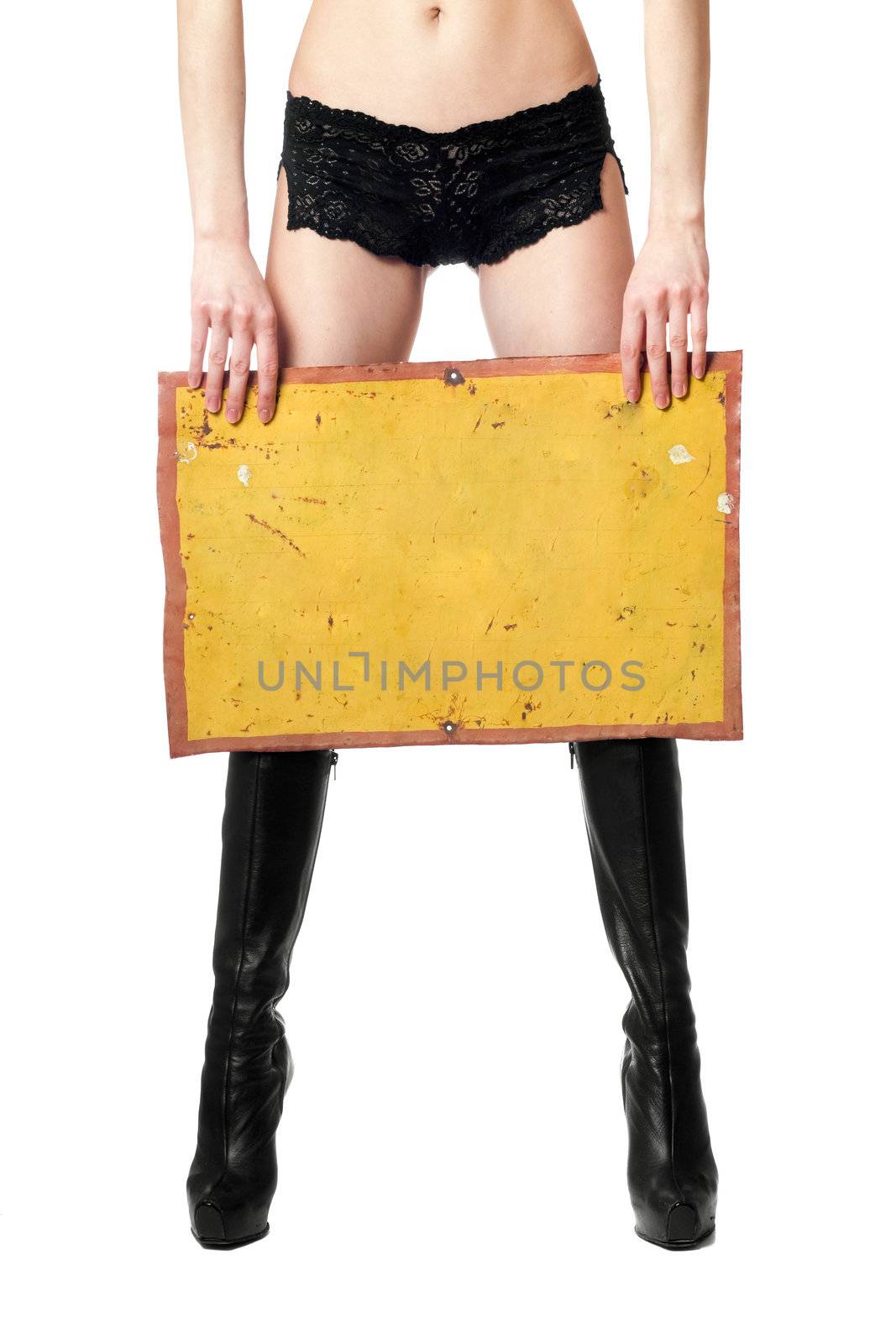 Sexy woman with yellow vintage board. Isolated by acidgrey