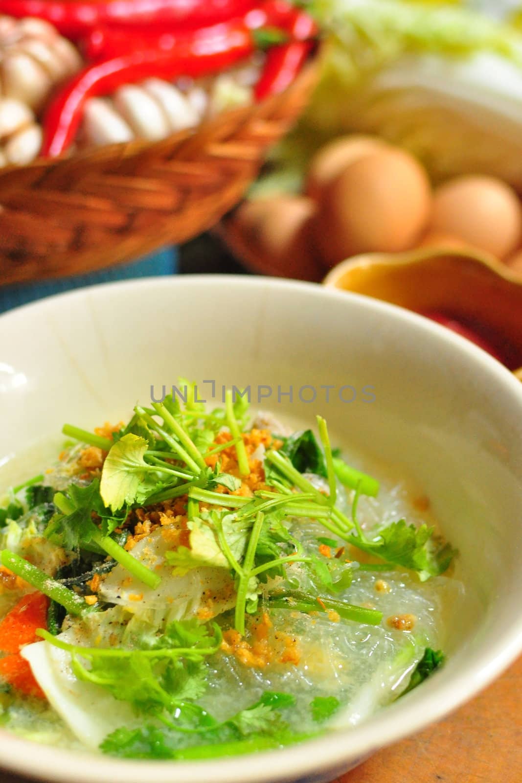 Thai foods vermicelli soup with vegetable or thai style sukiyaki
