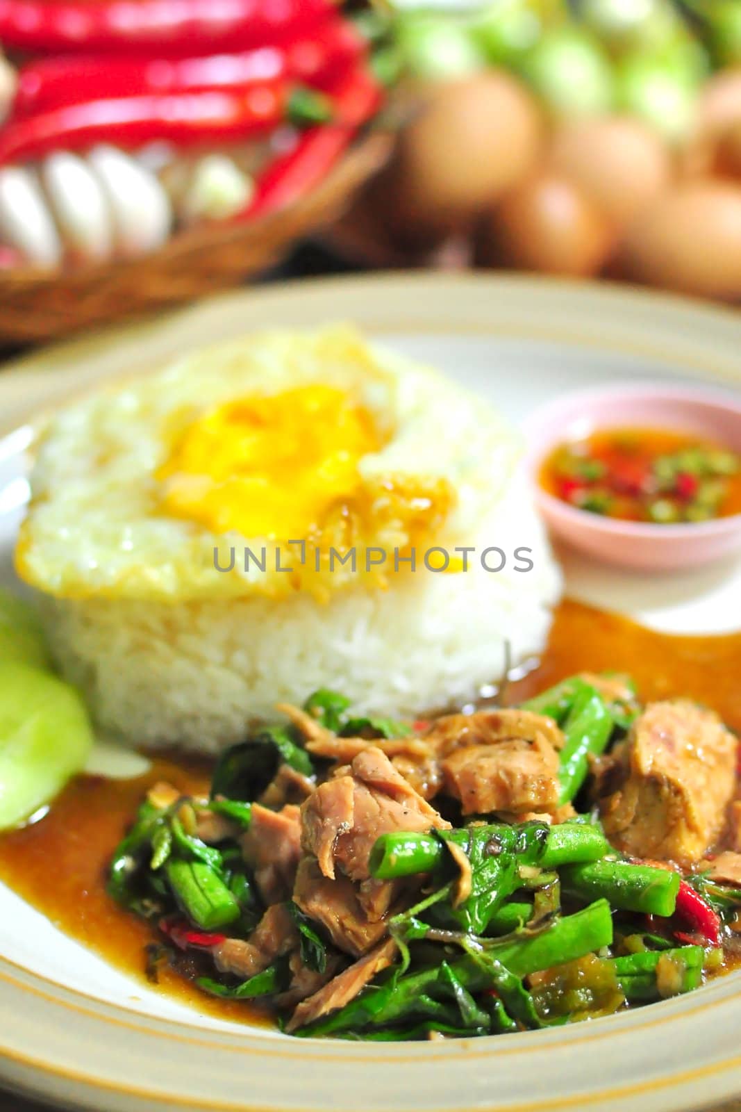 Thai foods spicy fried tuna with basil