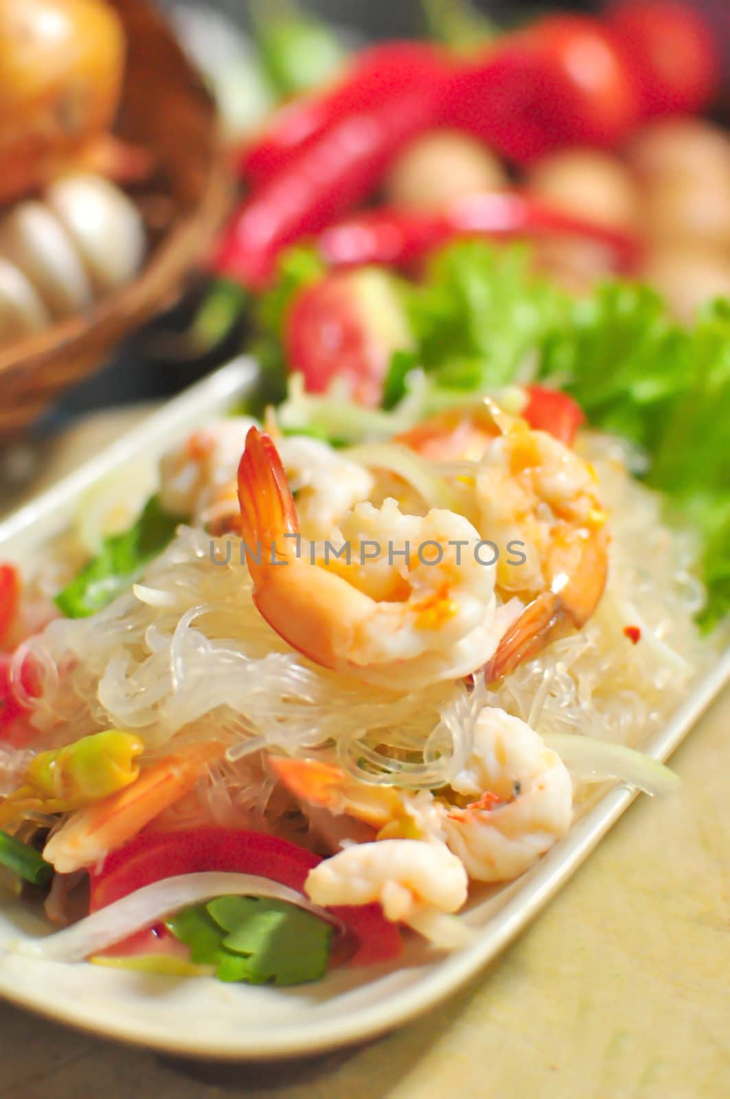 Thai foods spicy vermicelli and seafood dress salad