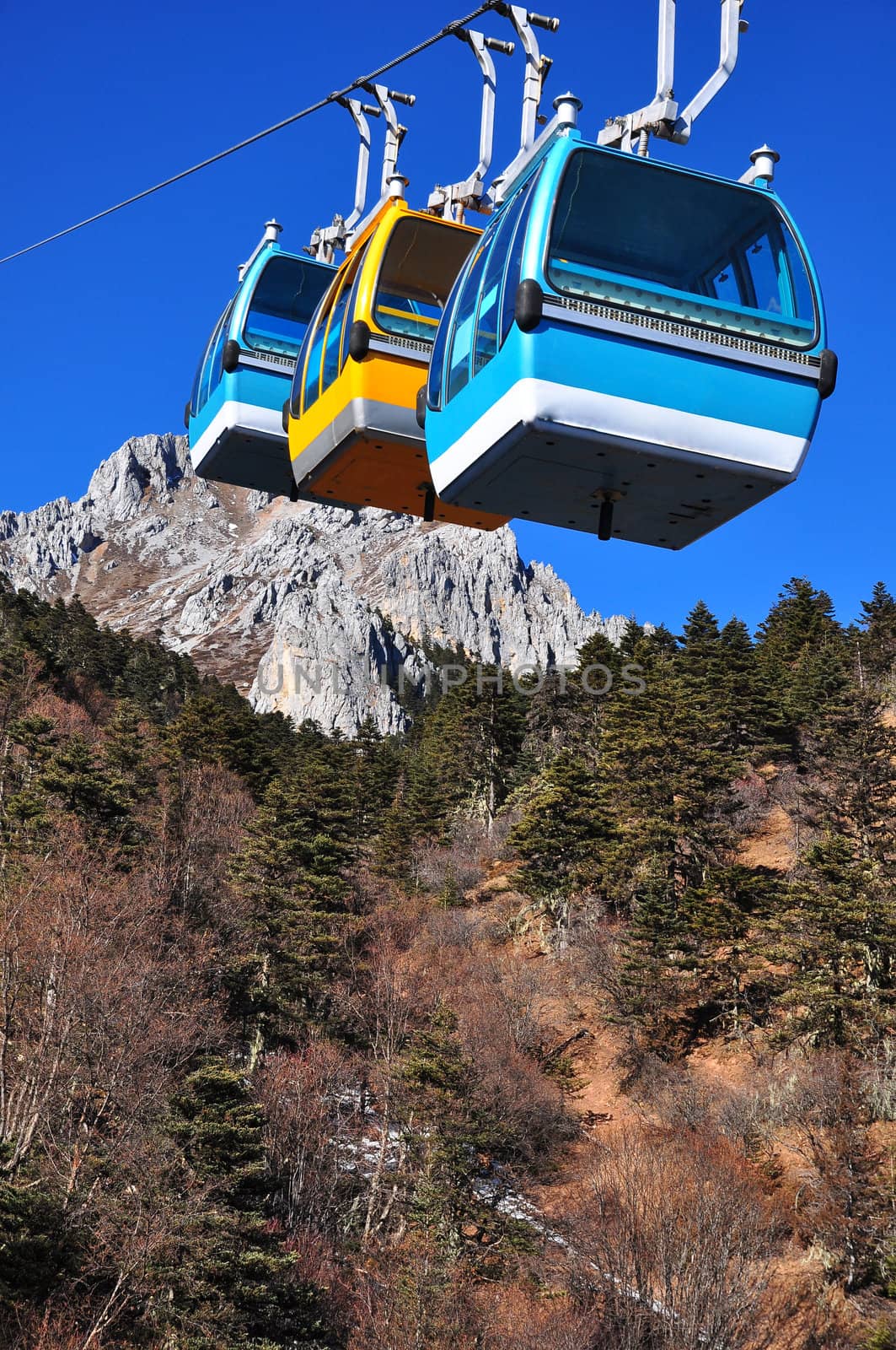 Group of  cable car cabins in blue moon valley Shangrila China