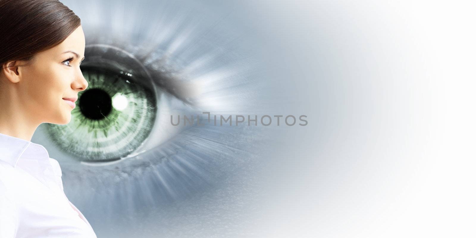 Human eye and woman face on white background