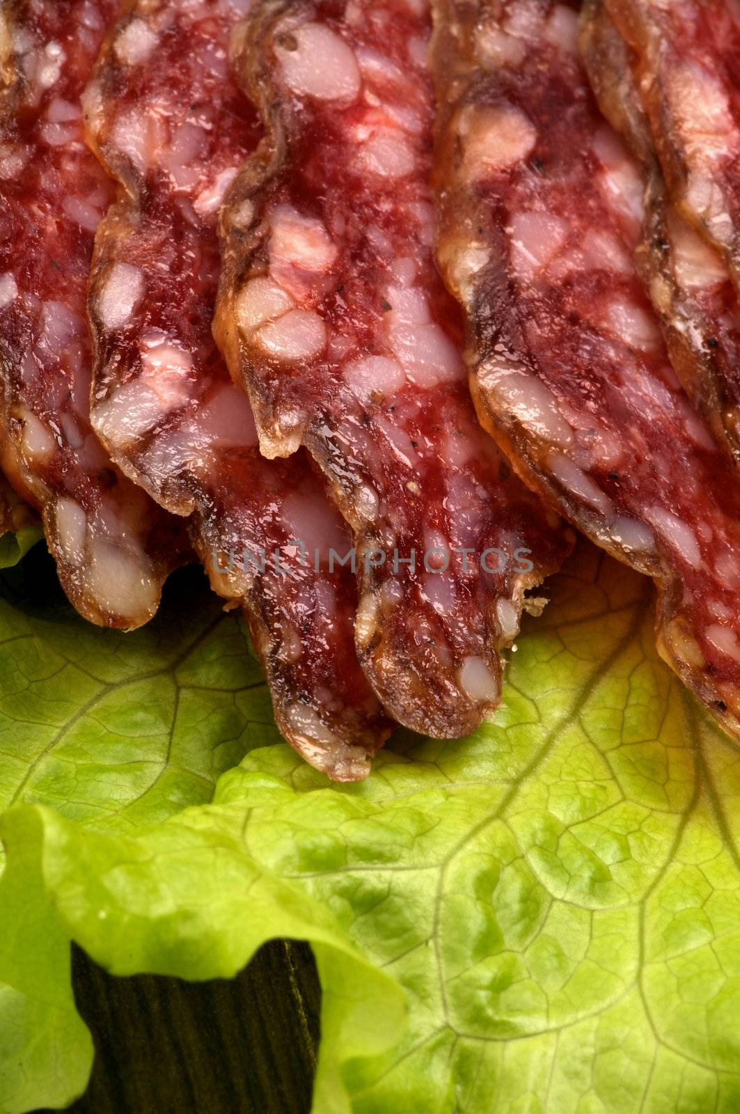 Slices of Smoked Sausage on Lettuce closeup