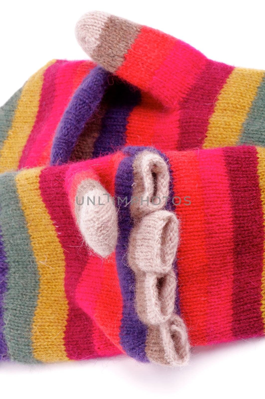 Striped Colourful Gloves with Fingers closeup on white background