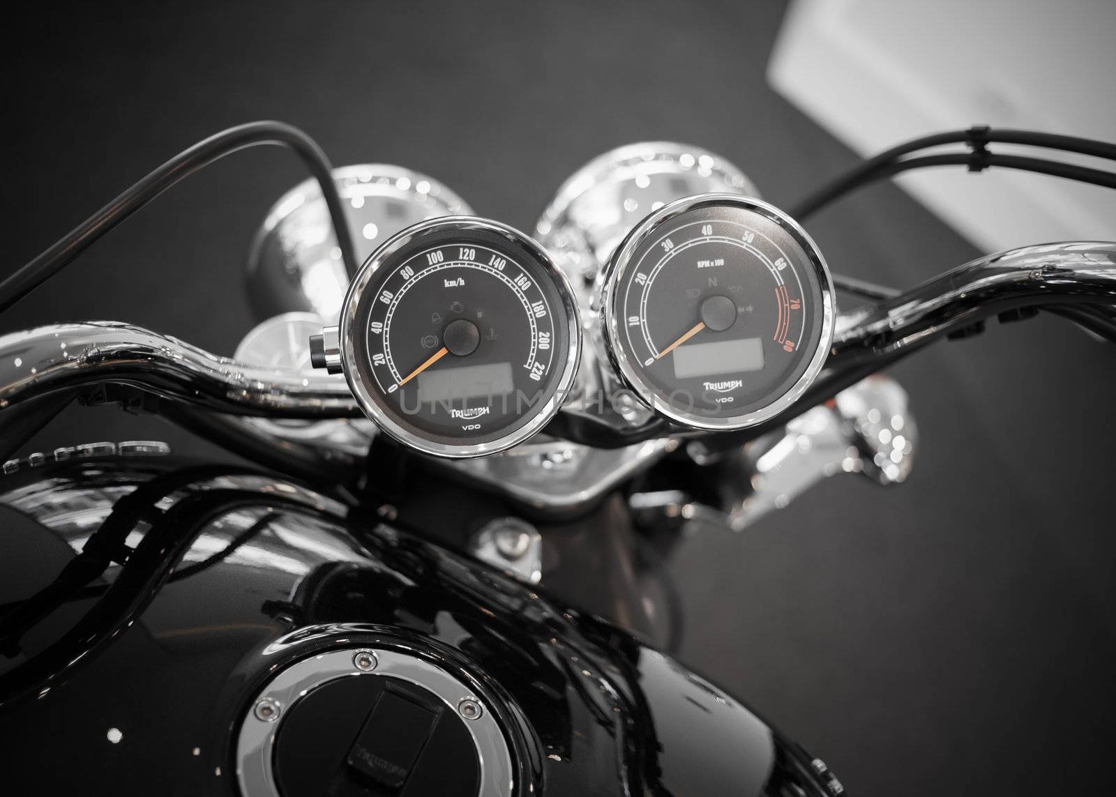 BANGKOK - SEPTEMBER 22: Triumph speedometer gauges on display at the Promenade Bigbike Show on September 22, 2012 in Bangkok, Thailand