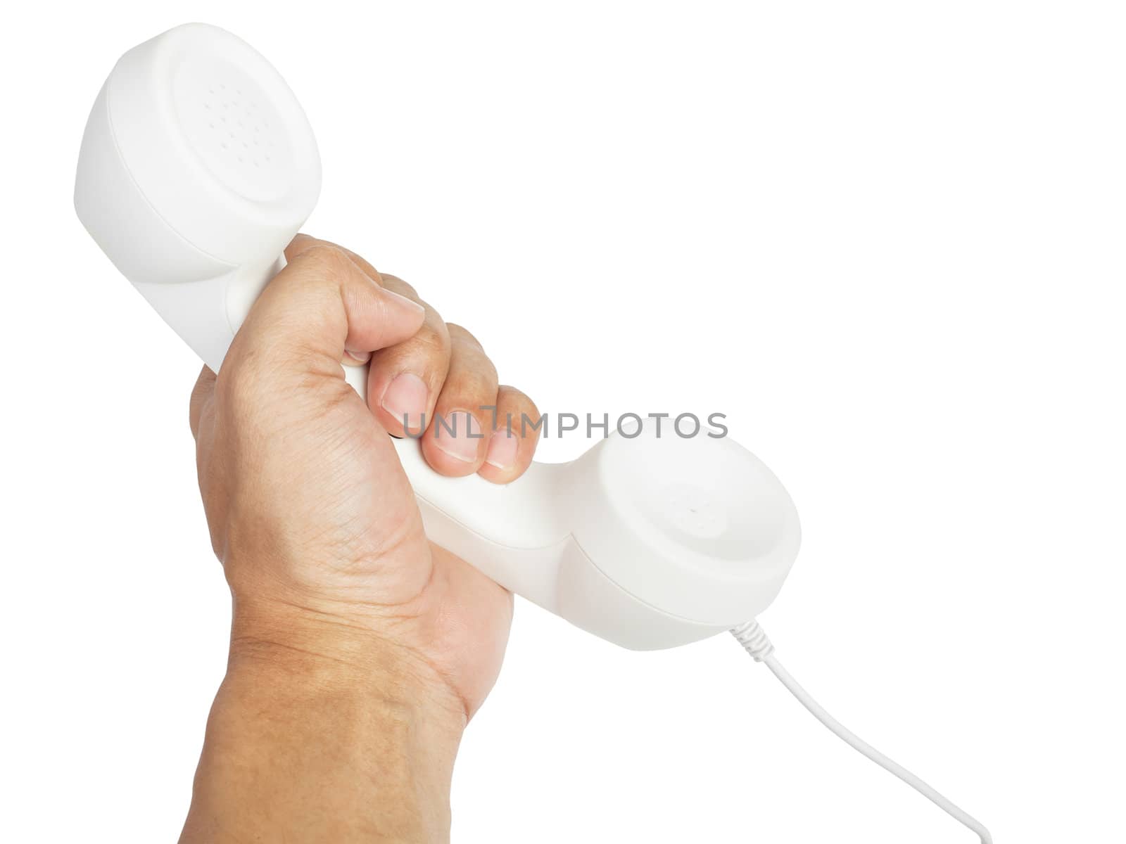 hand and white telephone receiver with cord isolated