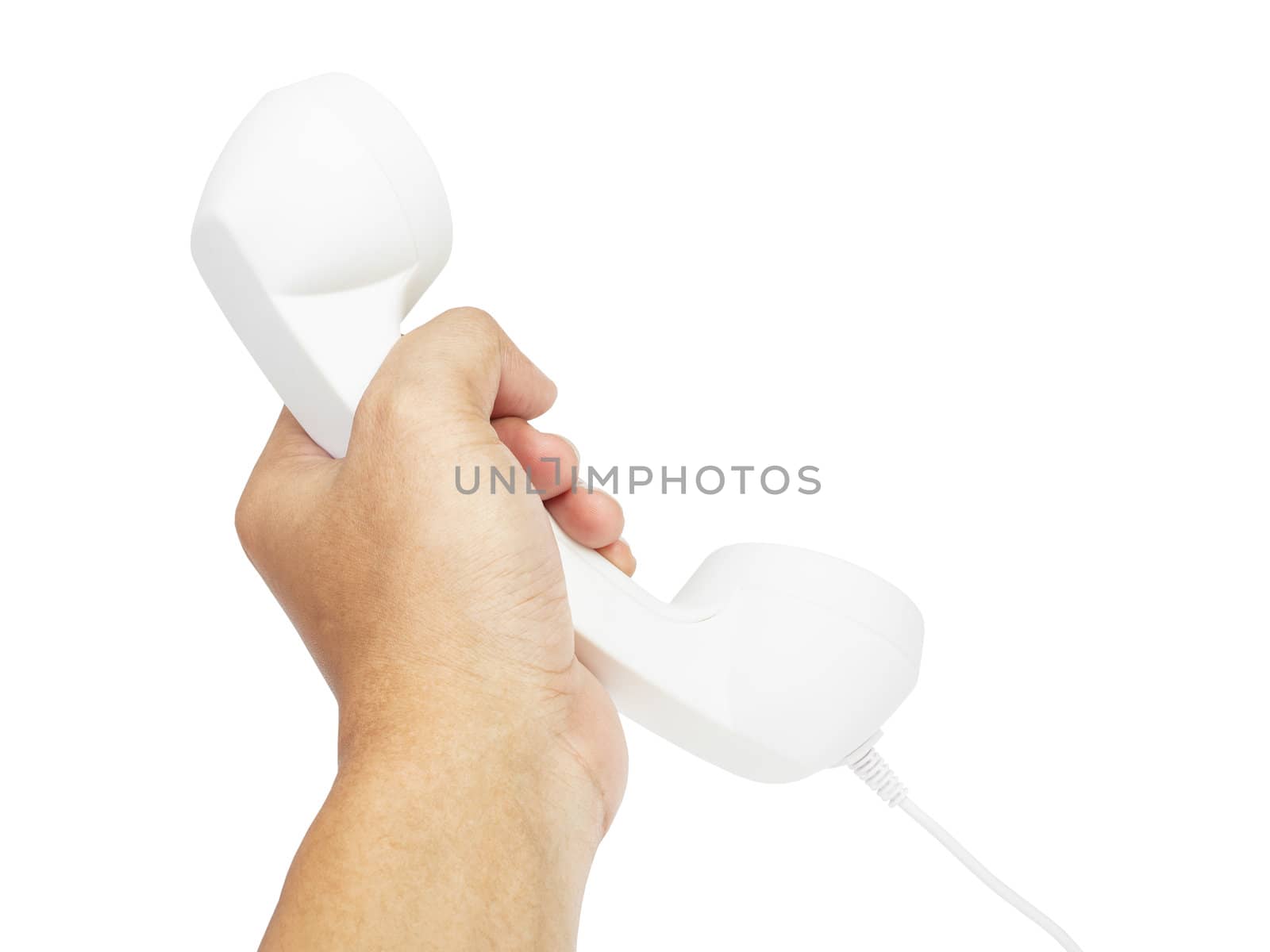 hand and white telephone receiver with cord isolated