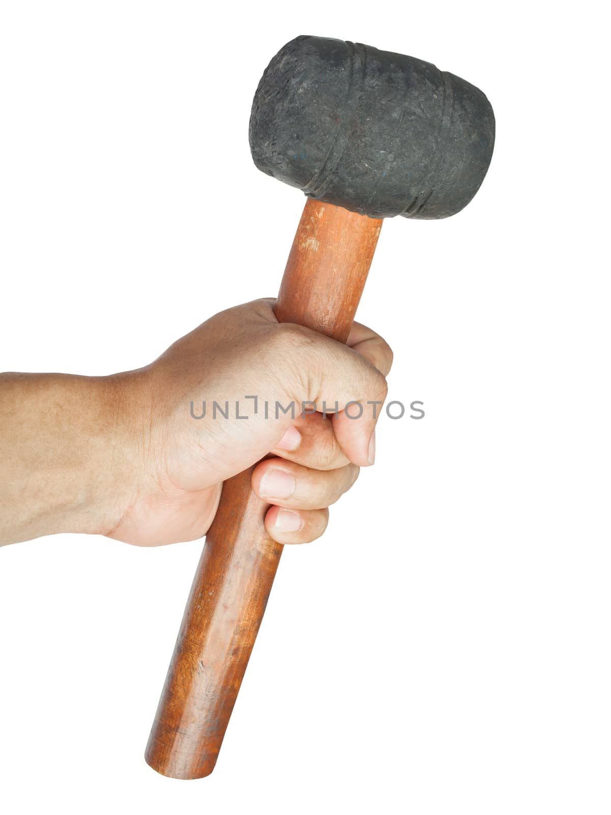 hand with old rubber mallet on white background