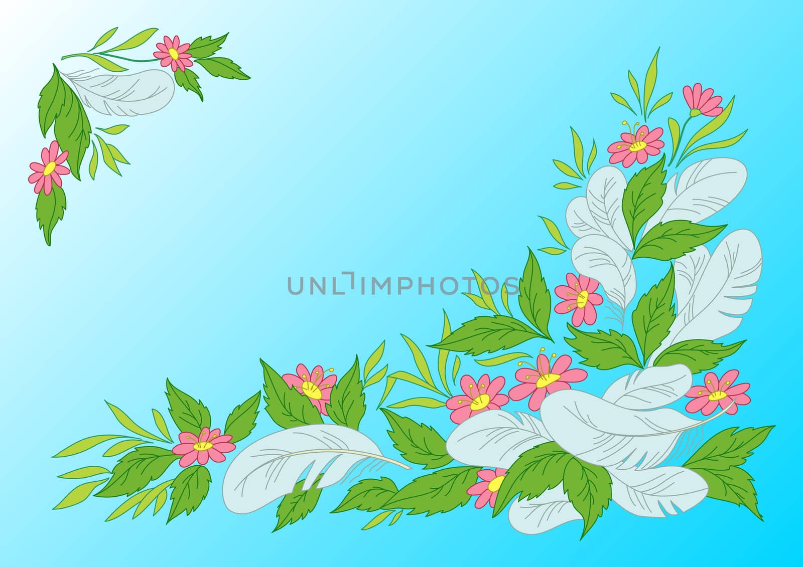 Abstract background, leaves, flowers and feathers on sky