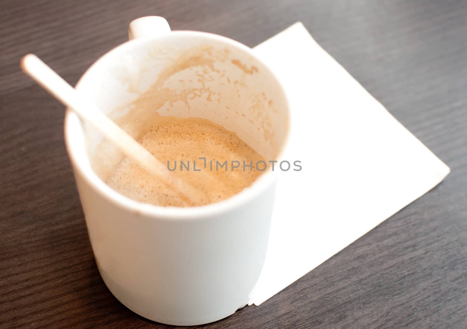 Empty cup of coffee  with white napkin space for text
on wood table