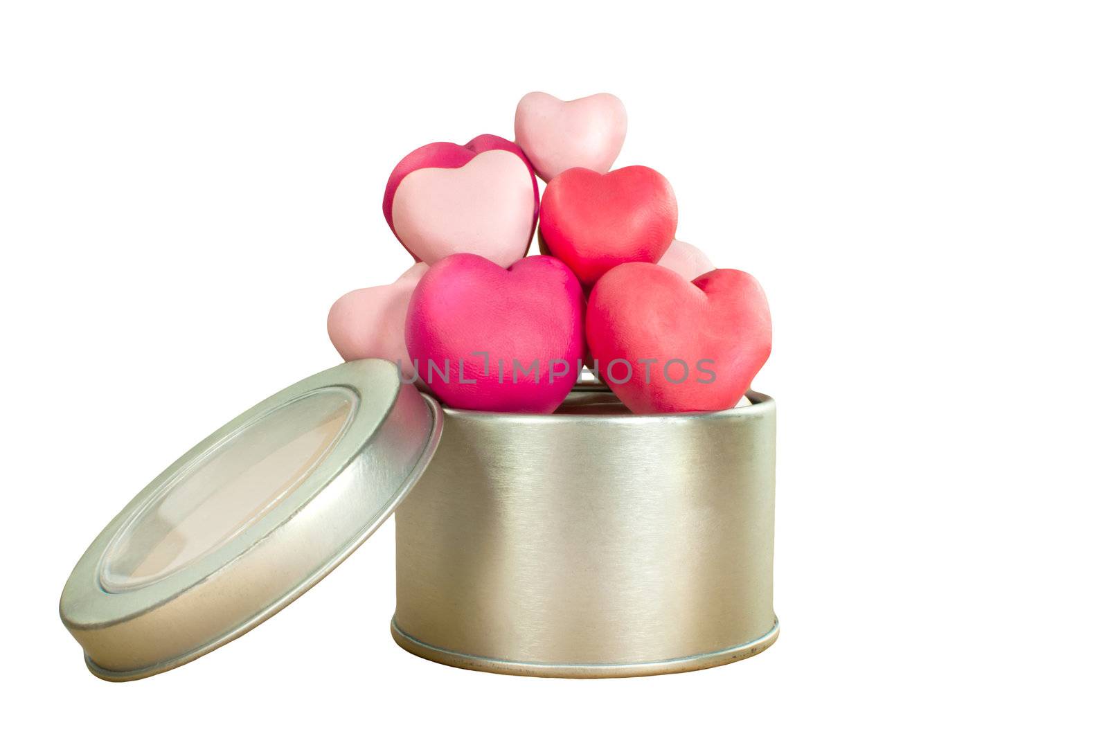 Tin can full filled with heart made from plasticine
in sweety color