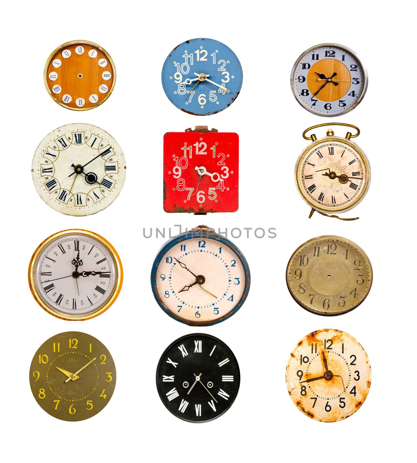 antique colorful clock dial collection isolated on white