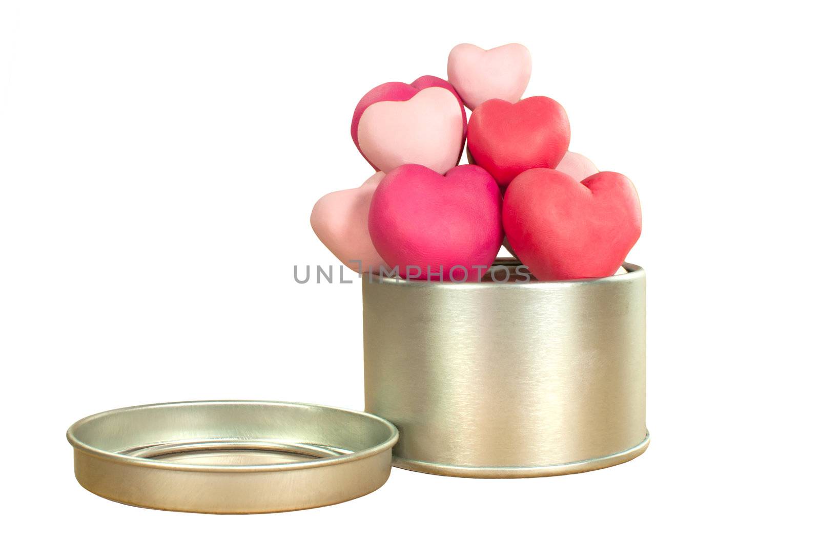 Tin can full filled with heart made from plasticine
in sweety color