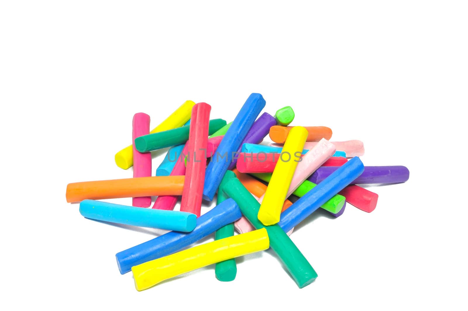 Bulk of colorful plasticine stick stand on white background