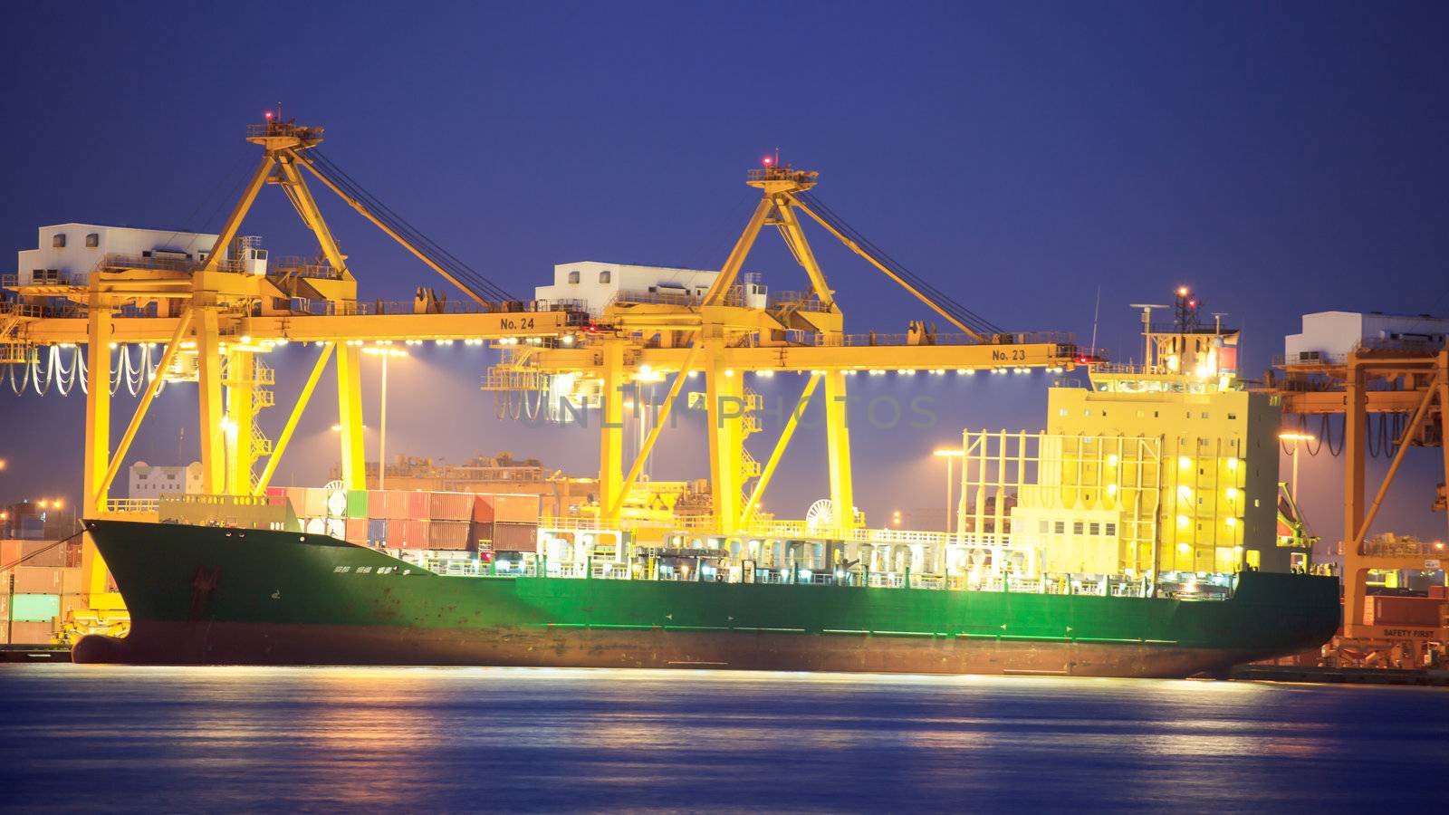 Logistic concept, container cargo ship transport import export in harbor and crane