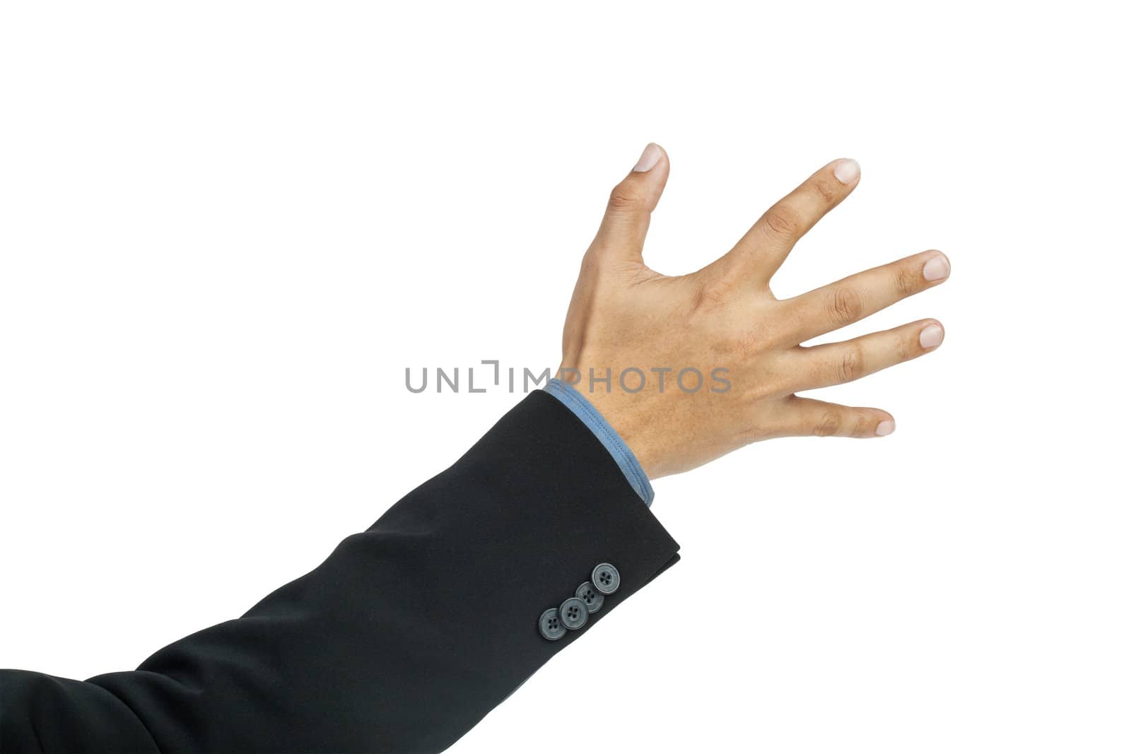 businessman hand pushing screen on white background