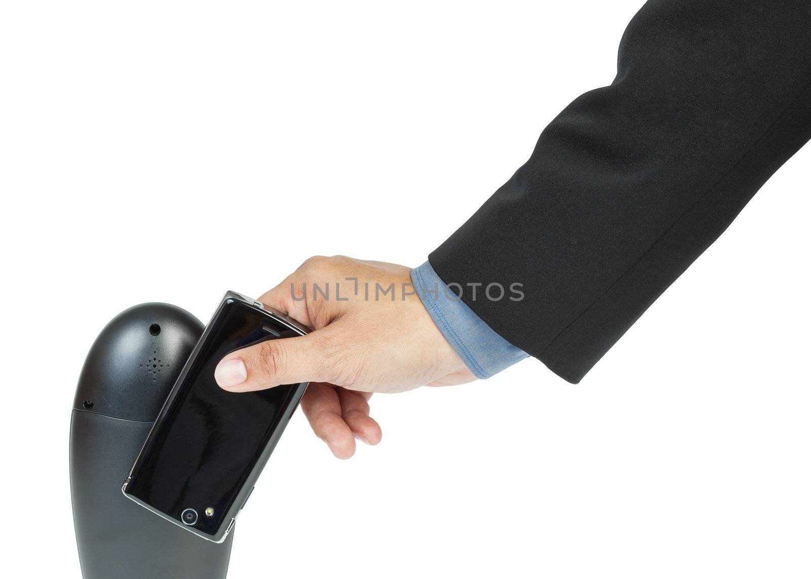 business man holding smartphone as NFC - Near field communication concept