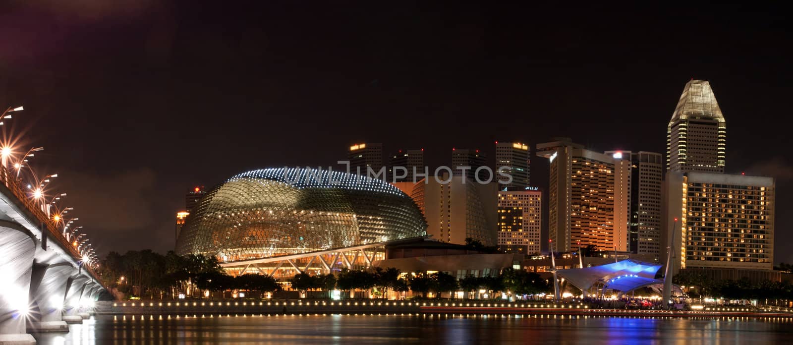 Panorama of Singapore skyline with Esplanade public theatre ay night