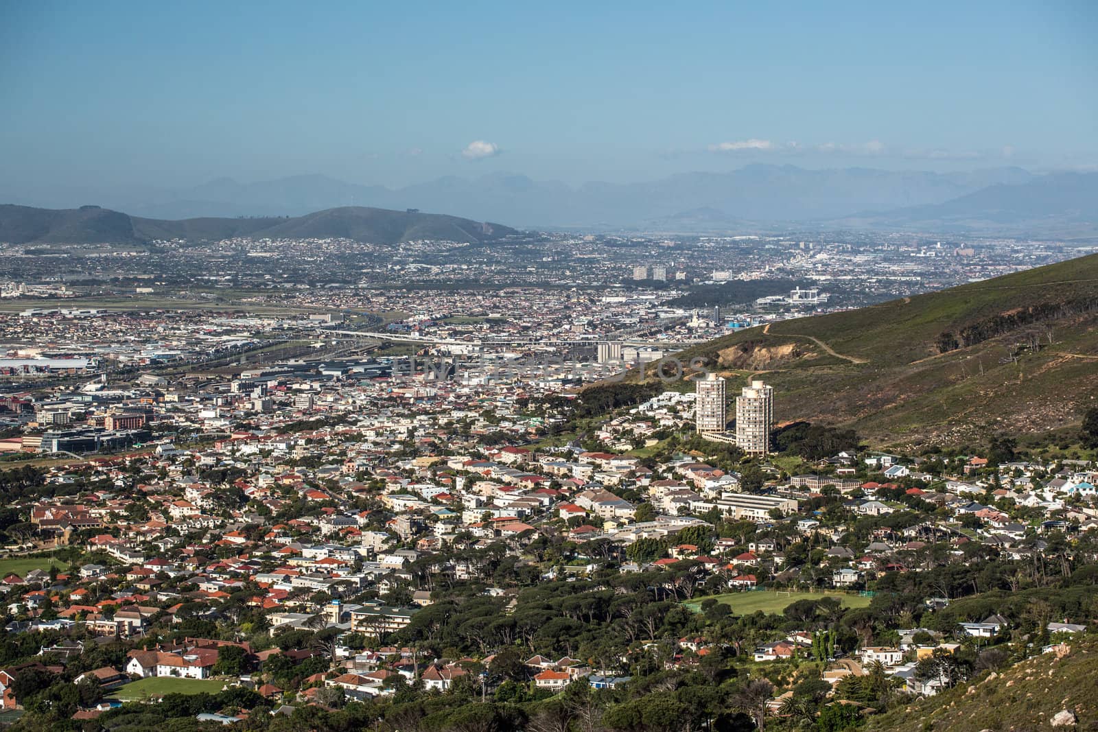 Aerial view of the city of Capetown showing the densely packed buildings