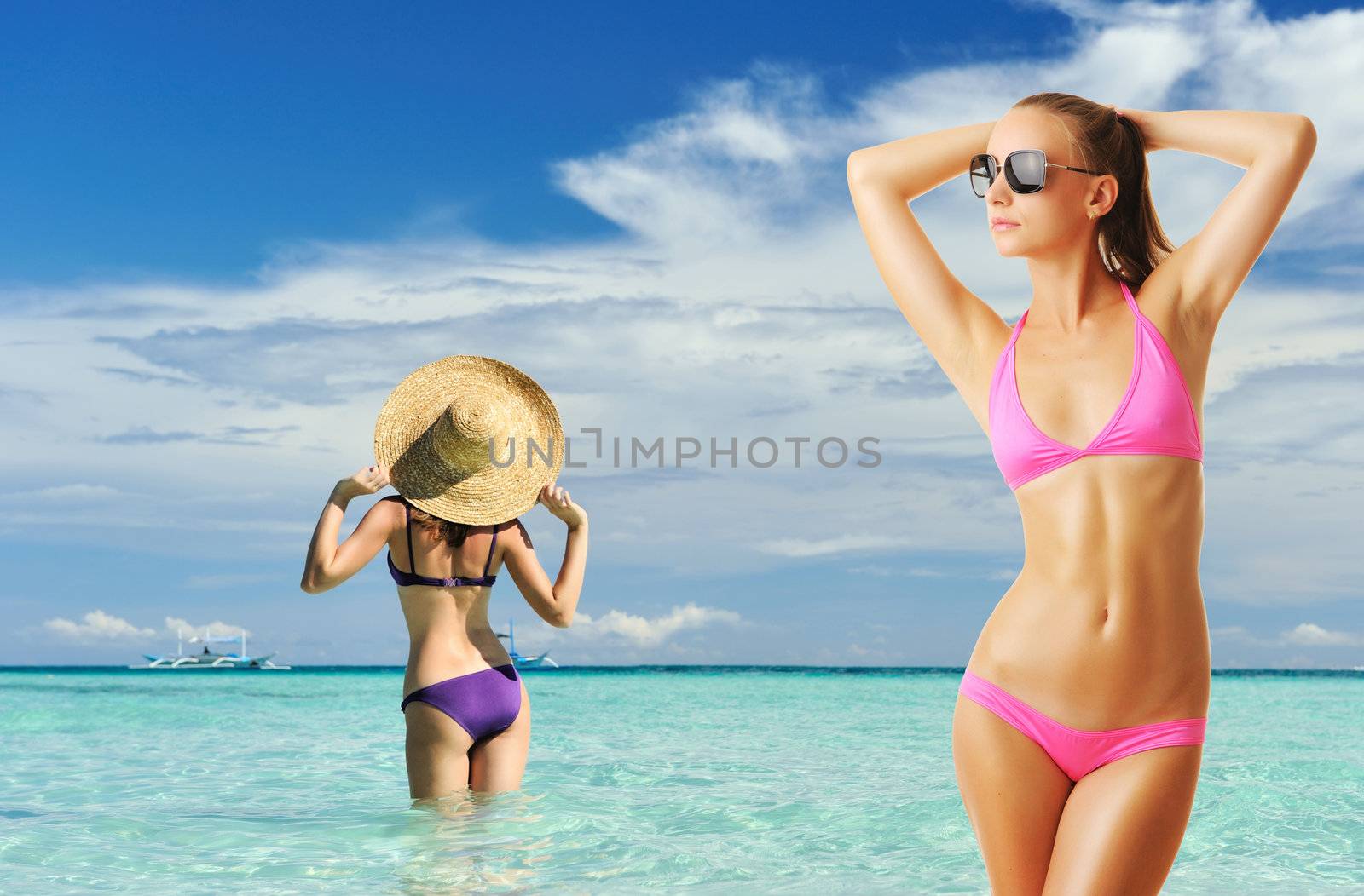 Women with beautiful body wearing sunglasses at tropical beach. Collage.