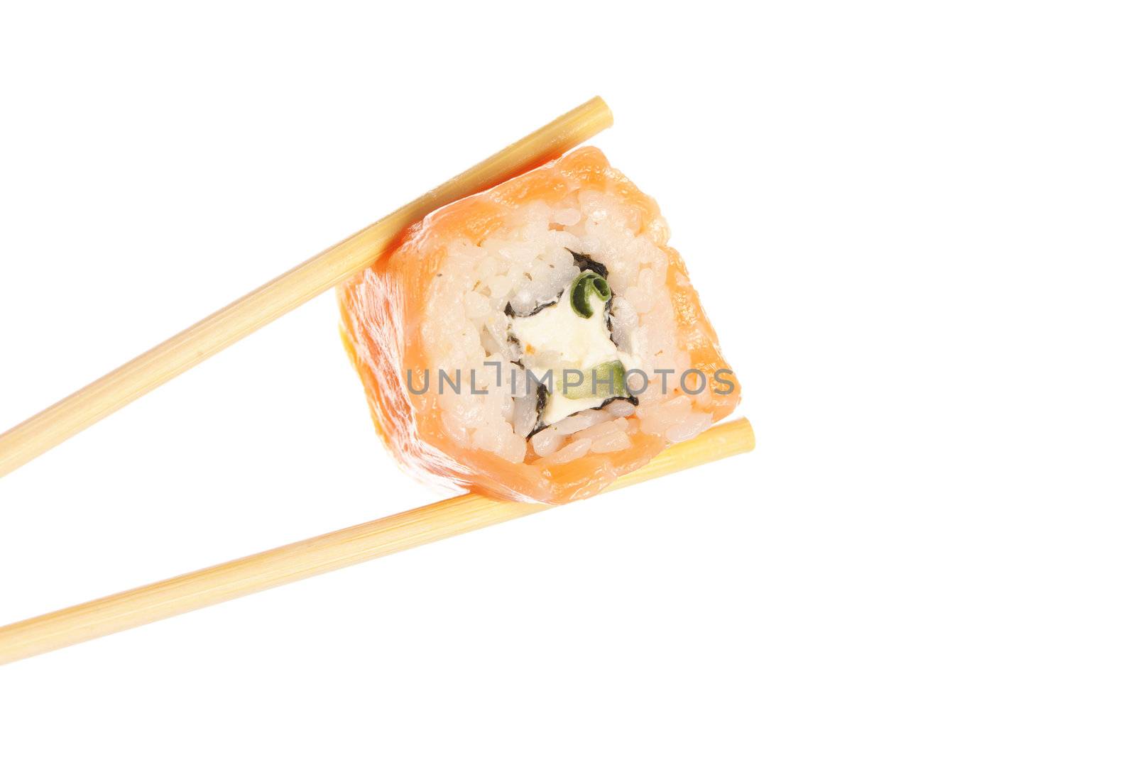 Sushi roll with chopsticks isolated on white background