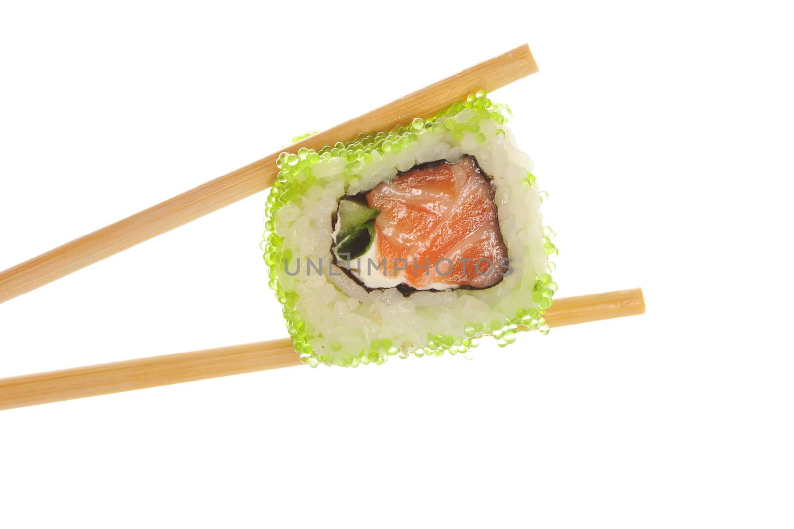 Sushi roll with chopsticks isolated on white background