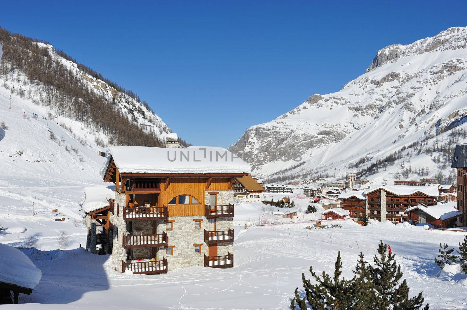 Mountain ski resort with snow in winter, Val-d'Isere, Alps, France