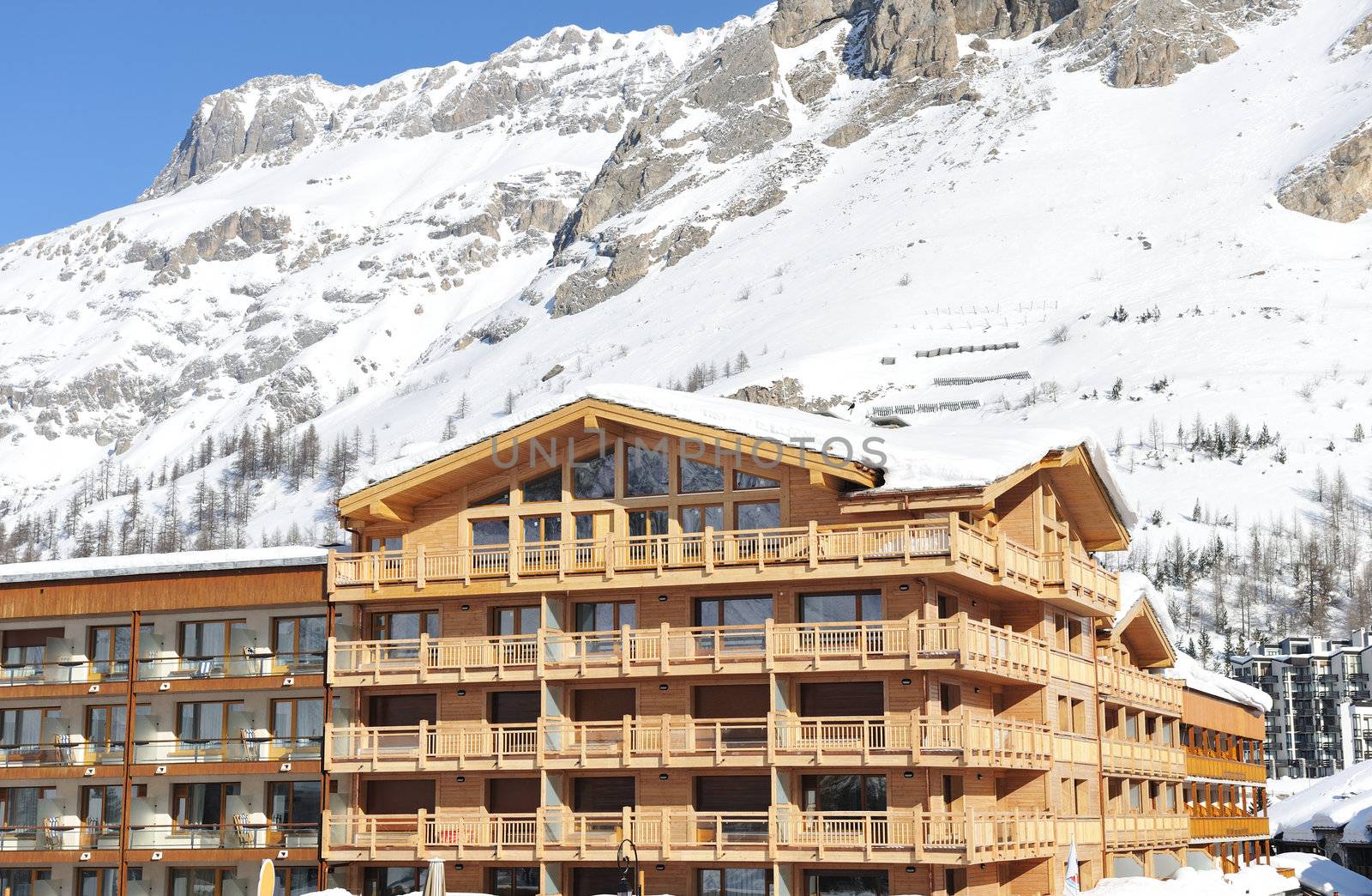 Mountain ski resort with snow in winter, Val-d'Isere, Alps, France