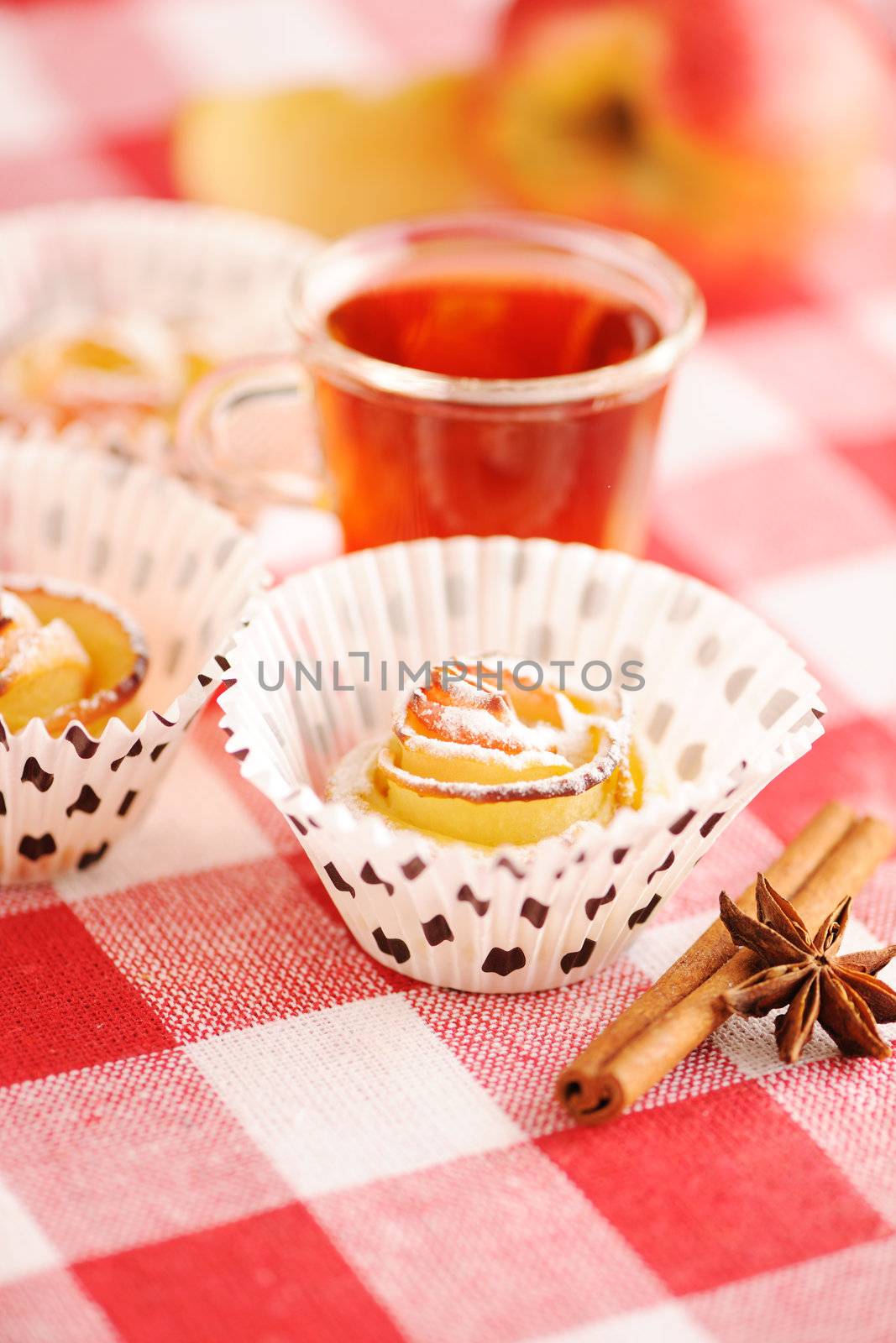 Delicious apple pies dessert on red cloth 