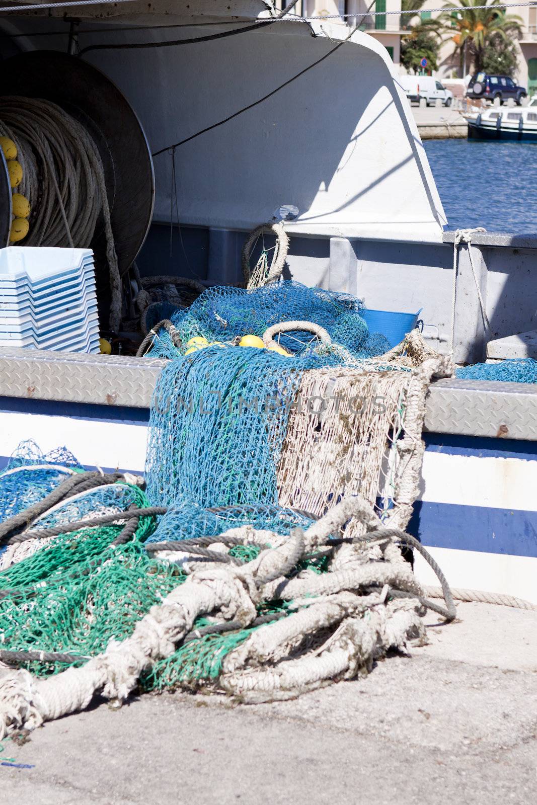 fishnet trawl rope putdoor in summer at harbour fishing